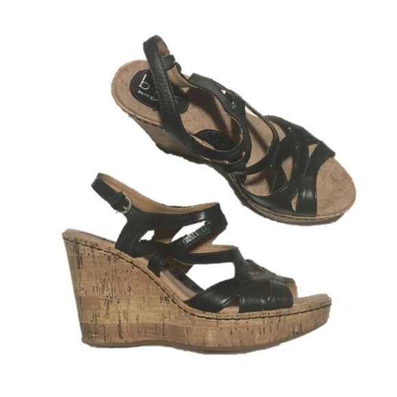 BOC heels Womens 9 black leather strappy wedge buckle sandals manmade cork like - Picture 1 of 8